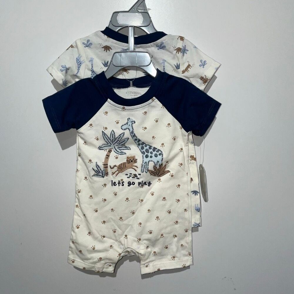 Lot of 2 Kyle & Deena Baby Blue White Cartoon Giraffe Romper Size 3-6 Months NWT